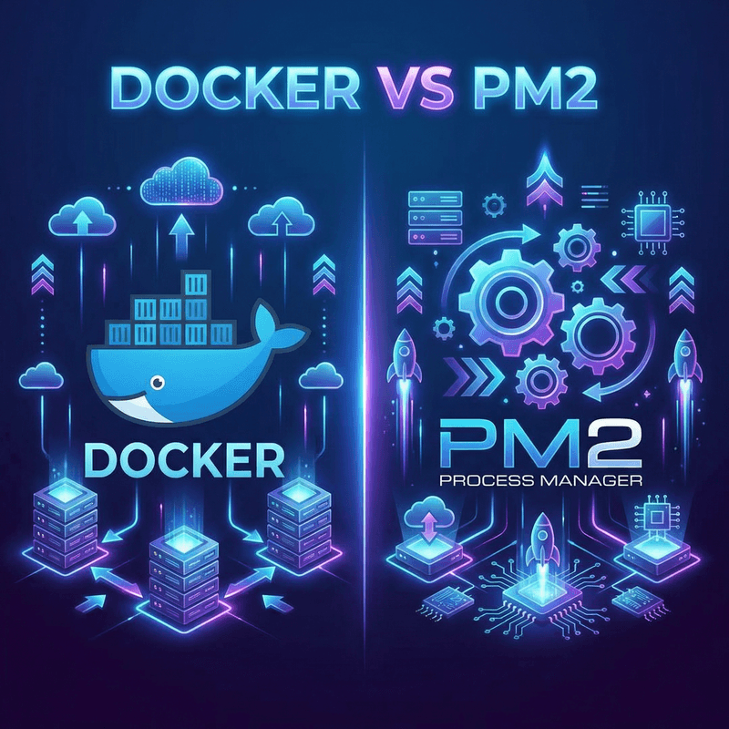 Обложка статьи: Docker vs PM2 — когда что использовать